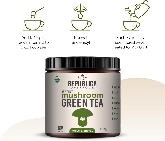 LRLA SUPERFOODS La Republica Instant Green Tea with Reishi, Chaga, Lion's Mane, Cordyceps, Turkey Tail, Maitake for Focus Powders 4.2329