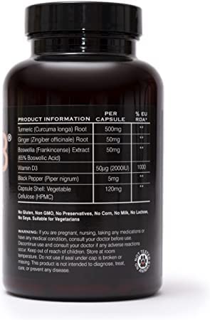 Watermans Allevi8 Curcumin Turmeric, Ginger, Frankincense, Vitamin D & Black Pepper Extract for Best Absorption - Daily Joint & Mental Health, Immune Health Support, 120 Capsules
