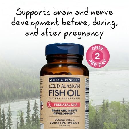Wiley's Finest Wild Alaskan Fish Oil Prenatal DHA - 900mg EPA and DHA Omega-3s for Pregnant Women and Nursing Mothers Softgels - 180 Count