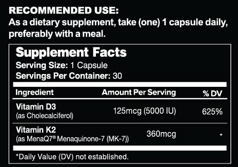 Leviathan Nutrition Vitamin D3 K2 2 in 1 Formula Capsule, 30 Count