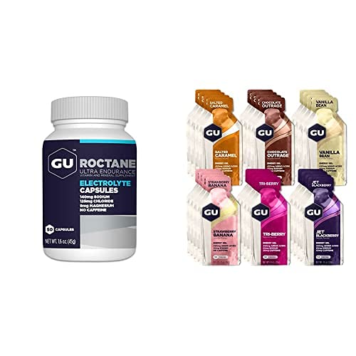GU Energy Roctane Ultra Endurance Electrolyte Capsules (50-Count Bottle) and Assorted Flavors Energy Gels (24-Count)