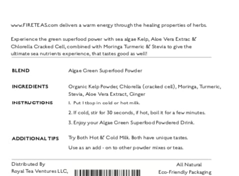 FIRE TEAS Greens Superfood Powder with Seaweed & Chlorella (Cracked Cell) - Organic Turmeric, Kelp, Moringa, Stevia, Aloe Vera Extract, Ginger - Smoothies, Yogurt & Milkshakes Powder 1