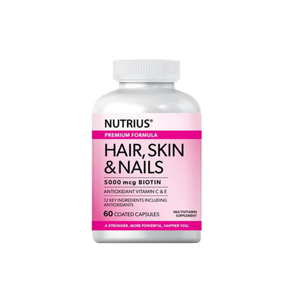 Nutrius Hair, Skin & Nails 5000 mcg Biotin with Antioxidant Vitamin C & E, 90 Capsules