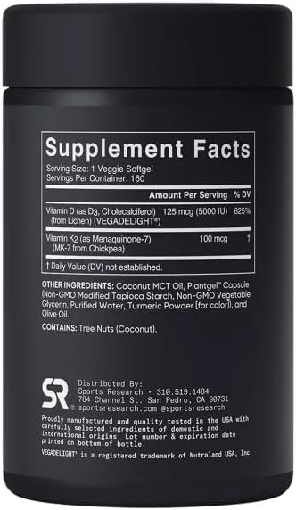 Generic Sports Vitamin D3 K2 with Plant-Based D3 5000iu & 100mcg MK-7, Non-GMO Verified & Vegan Certified, 160 Softgels