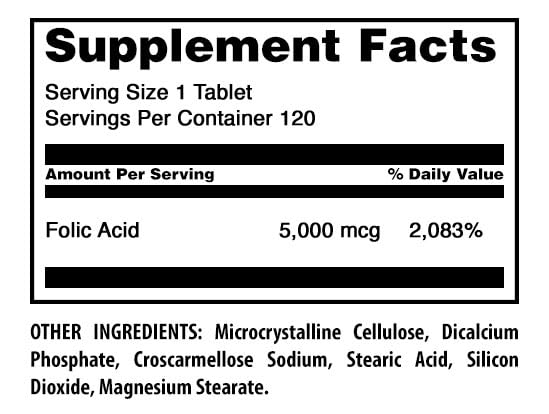 Amazing Nutrition Folic Acid 5000 mcg Tablets 120 Count
