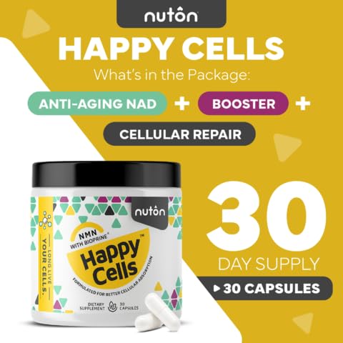Nuton Happy Cells NMN Supplement with Bioperine for Healthy Aging & Cellular Repair - NAD+ Supplement - Protects DNA, Promotes Skin Health & Brain Function - Vegan - Non-GMO Formula, 30 Capsules