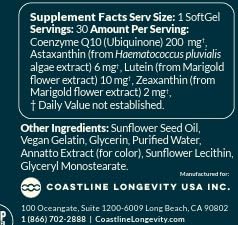 Coastline Longevity CoQ10 Daily Essential Softgels with Astaxanthin, Lutein, Zeaxanthin, 200mg CoQ10, 30 Softgels