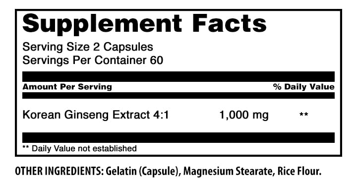 Amazing Nutrition Ginseng Complex 1000 Mg of 4:1 Korean Ginseng Extract Capsules 120 Count