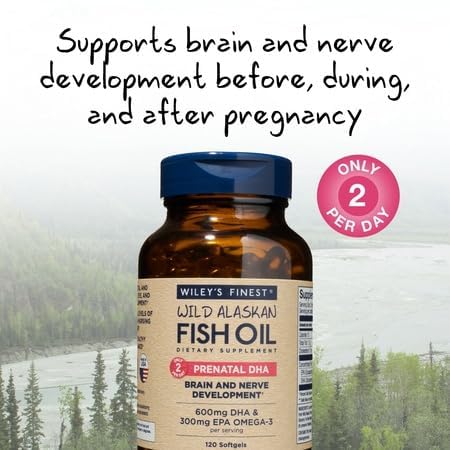 Wiley's Finest Wild Alaskan Fish Oil Prenatal DHA - 900mg EPA and DHA Omega-3s for Pregnant Women and Nursing Mothers Softgels 120 Count