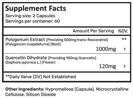 CYTOLYFE Resveratrol 1000mg Trans-Resveratrol + Quercetin Sirtuin Activator Capsules, 120 Capsules