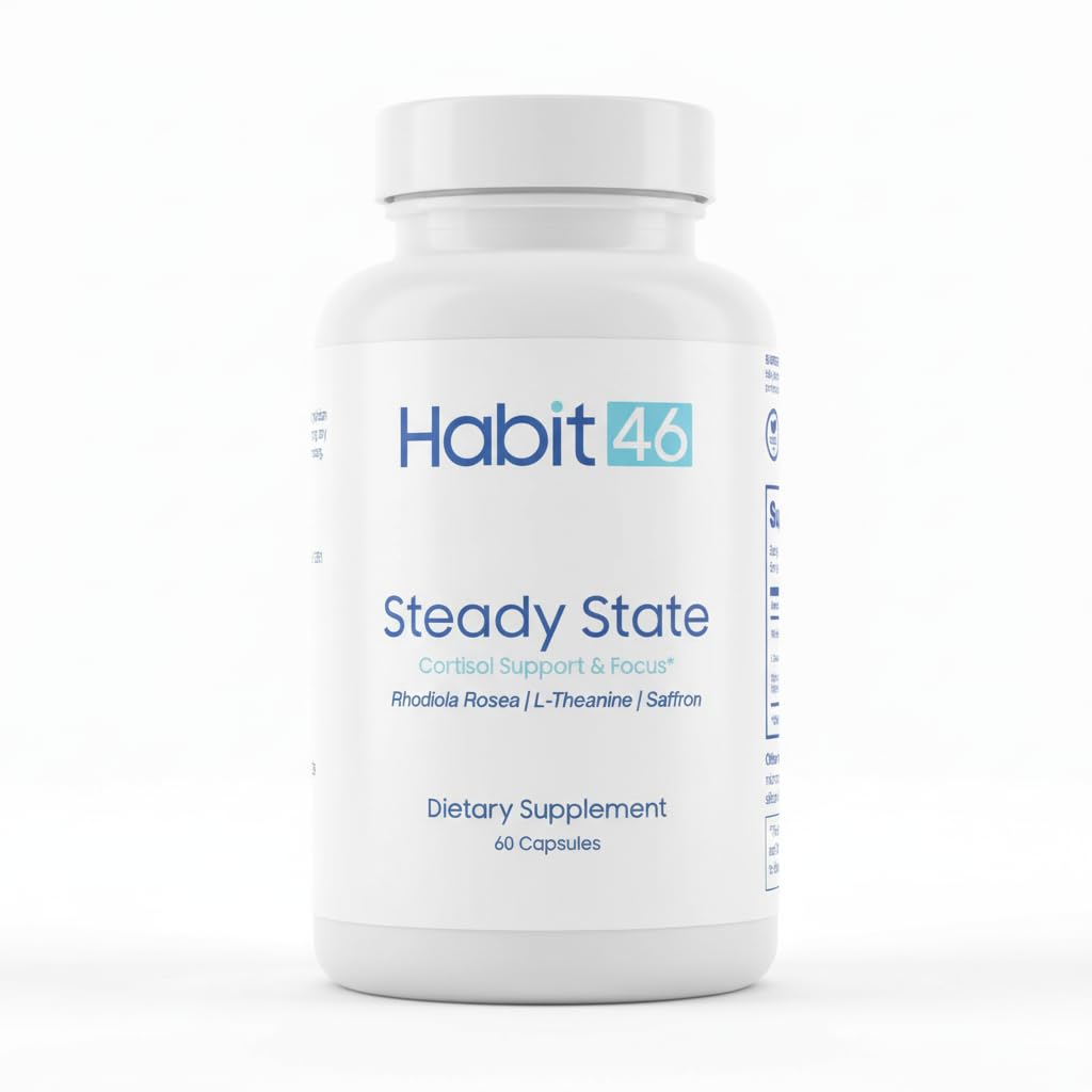 Habit46 Steady State - Rhodiola Rosea, L-Theanine & Saffron - Stress Relief, Adrenal Support & Calm Focus 60 Capsules