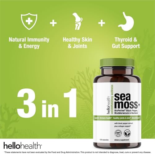 HELLO HEALTH Organic Irish Sea Moss Capsules with Burdock Root & Bladderwrack Bioperine, 120 Capsules