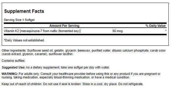 Swanson Natural Vitamin K2 (Menaquinone-7 from Natto) 50 mcg Softgels, 30 Count