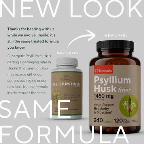 Sunergetic Premium Psyllium Husk Fiber Supplement 1450mg, 480 Capsules