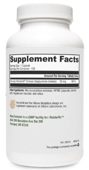 HormoneSynergy Iron Glycinate 29mg Gentle, Highly Absorbable Iron Supplement Capsule, 120 Count