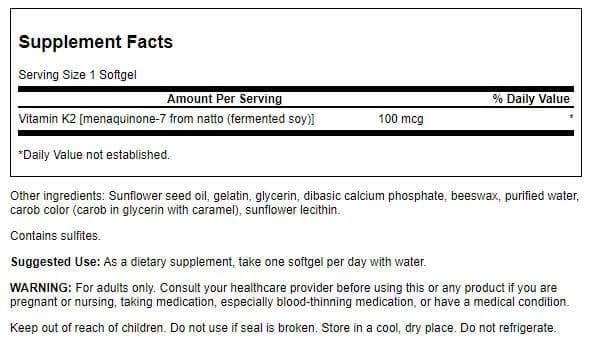 Swanson Vitamin K2 (Menaquinone-7) Softgels 100mcg, 30 Count