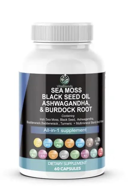 VitalBlends Sea Moss 3000mg, Black Seed Oil 2000mg, Ashwagandha 1000mg, Turmeric 1000mg, Bladderwrack 1000mg, Burdock 1000mg & Vitamin C & D3 with Elderberry Capsules, 60 Count