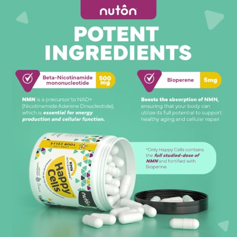 Nuton Happy Cells NMN Supplement with Bioperine for Healthy Aging & Cellular Repair - NAD+ Supplement - Protects DNA, Promotes Skin Health & Brain Function - Vegan - Non-GMO Formula, 30 Capsules