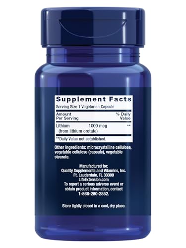 Life Extension Lithium, 1000 mcg – Lithium Orotate – Helps Maintain Cognitive Function & Memory – Low-Dose Formula – Non-GMO, Gluten-Free, Vegetarian – 100 Capsules