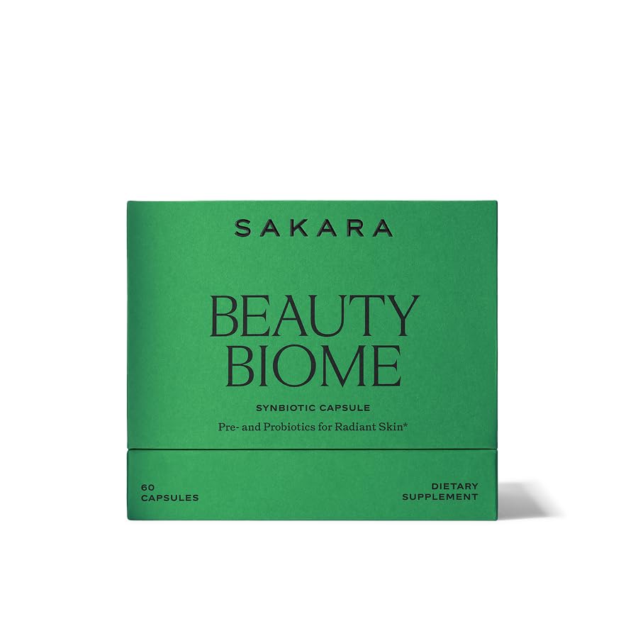 SAKARA Beauty Biome Daily Synbiotic Supplement for Skin + Gut Health with Probiotic, Dermaval, Vitamins A, D, E, Antioxidants, Prebiotics & Enzymes Capsules 60