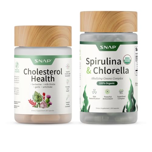 Snap Supplements Cholesterol Health + Organic Spirulina and Chlorella Bundle, 180 Vegetarian Capsules
