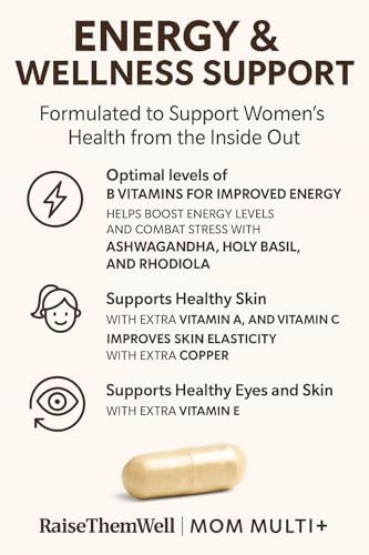 Raise Them Well Mom Multi+ Daily Multivitamin for Women with Active Folate, Adaptogens & Bacopa, Energy, Stress & Cognitive Support, 120 Capsules