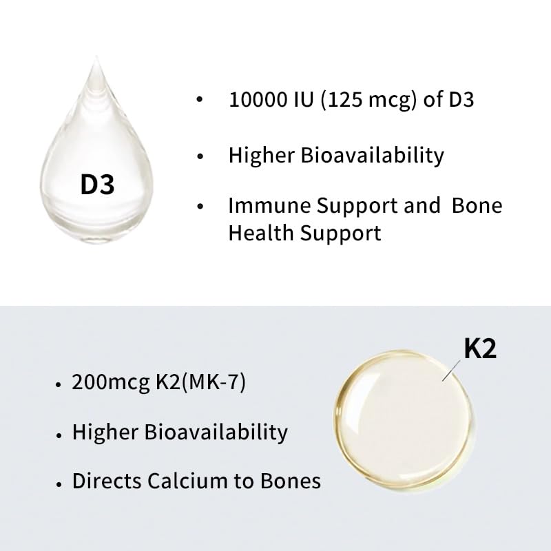 YOUTHVITA D3 K2 Vitamin 10000 IU & MK-7 200 mcg Softgels, 180 Count