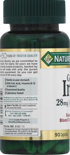 Nature's Bounty Gentle Iron 28 mg Capsules with Vitamin C, Folic Acid, Vitamin B-12 Iron Supplement - 90 Capsules