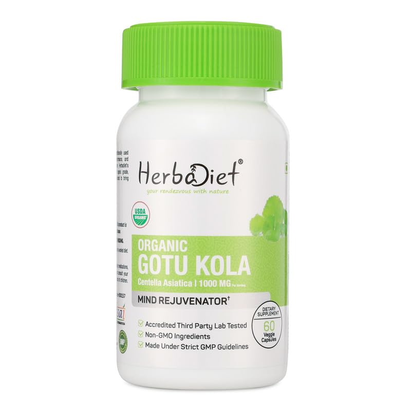 Herbadiet Organic Centella Asiatica Gotu Kola Brahmi Capsules, 120 Count