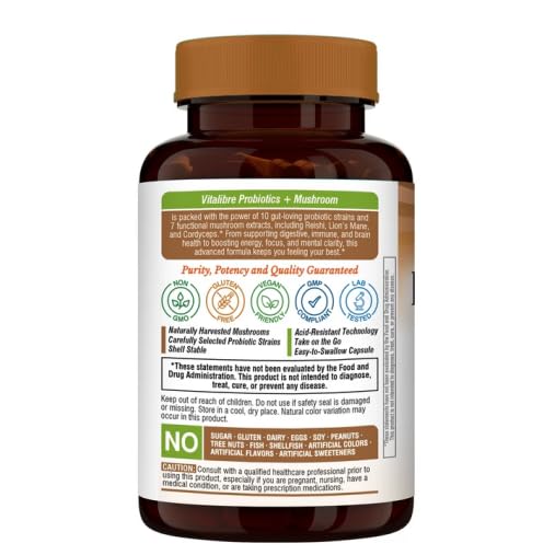 Vitalibre Probiotics+Mushroom with Lion's Mane, Reishi, Cordyceps, 10 Probiotic Strains, 1000mg Mushroom Extract Blend, for Digestive, Immune, Brain Health & Energy Production, 60 Capsules