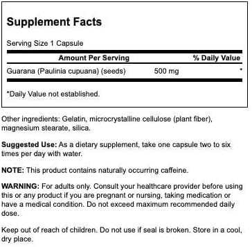 Swanson Guarana 500 Milligrams Capsules 100 Count