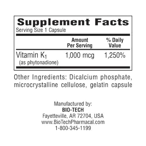 BioTechUSA K1-1000 (Vitamin K-1) Capsules, 100 Count