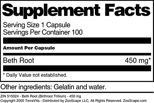 Terravita Beth Root (Birthroot Trillium) 450 mg, 300 Capsules
