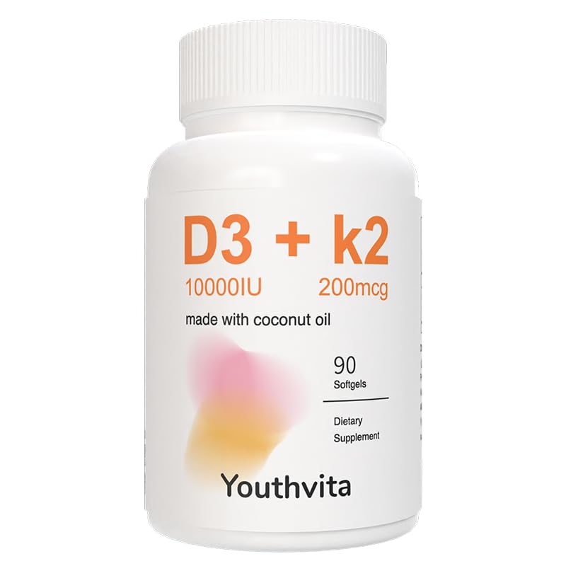 YOUTHVITA Vitamin D3 K2 Softgel with Coconut Oil, 10000 IU D3 and 200 mcg K2, Supports Calcium Absorption, Bone, Immune, & Heart Health, 90 Softgels