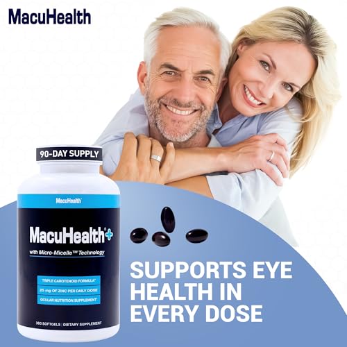 Macuhealth Plus+ Eye Vitamins with Lutein, Zeaxanthin & Meso-Zeaxanthin with Liposomal Vitamin C 1000mg, Fat-Soluble Antioxidants for Eye, Brain & Overall Health, 180 Softgels