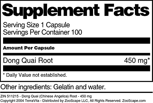 Terravita Dong Quai (Chinese Angelica) Root - 450 mg Capsules, 100 Count