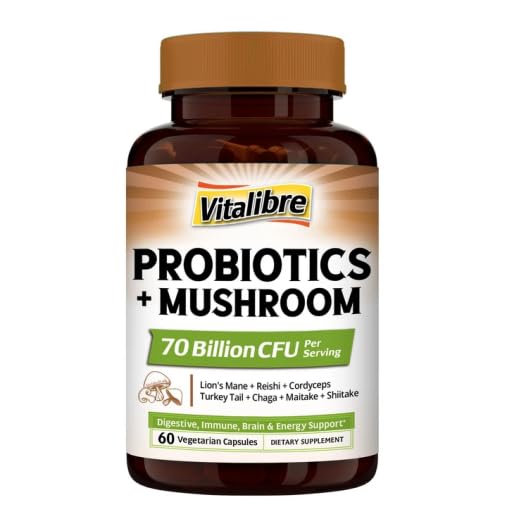 Vitalibre Probiotics+Mushroom with Lion's Mane, Reishi, Cordyceps, 10 Probiotic Strains, 1000mg Mushroom Extract Blend, for Digestive, Immune, Brain Health & Energy Production, 60 Capsules