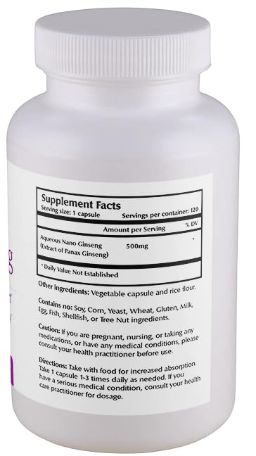 One Planet Nutrition Nano Panax Ginseng 500 mg Veggie Capsules, 120 Count
