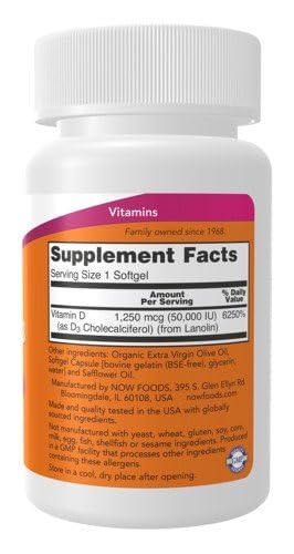NOW Foods Vitamin D-3 50,000 IU Softgels, 12 Count