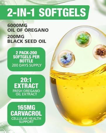 MSLOTAL Oil of Oregano with Black Seed Oil Softgel Capsules 200 Count