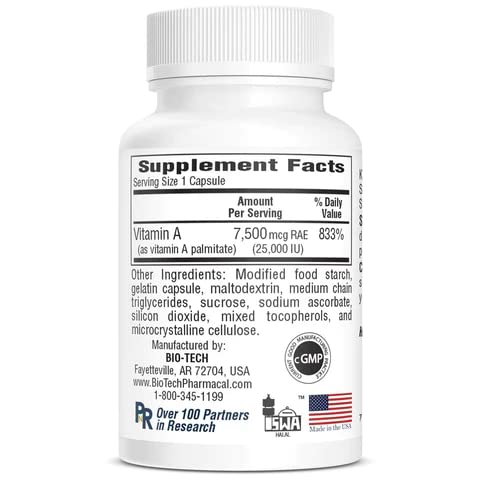 Bio-Tech Pharmacal A-25 Vitamin A Palmitate Dietary Supplement, 100 Capsules