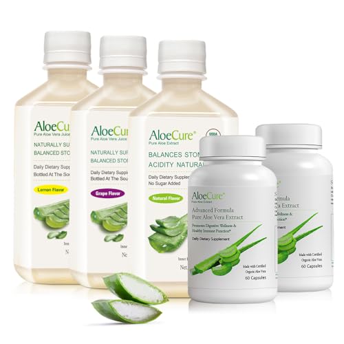 AloeCure Organic Aloe Vera Digestion Set Capsules, 5-Pack, 60 Capsules