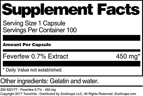 Terravita Feverfew 0.7% - 450 mg Capsules, 100 Count
