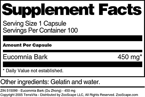Terravita Eucommia Bark (Du Zhong) - 450 mg Capsules, 100 Count