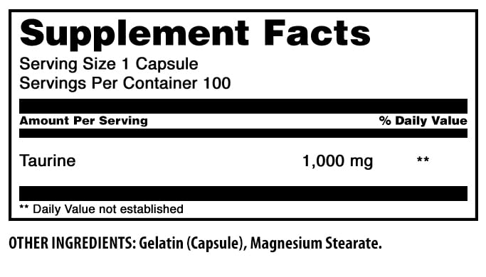 Amazing Nutrition Taurine Amino Acid Supplement Capsules, 100 Count