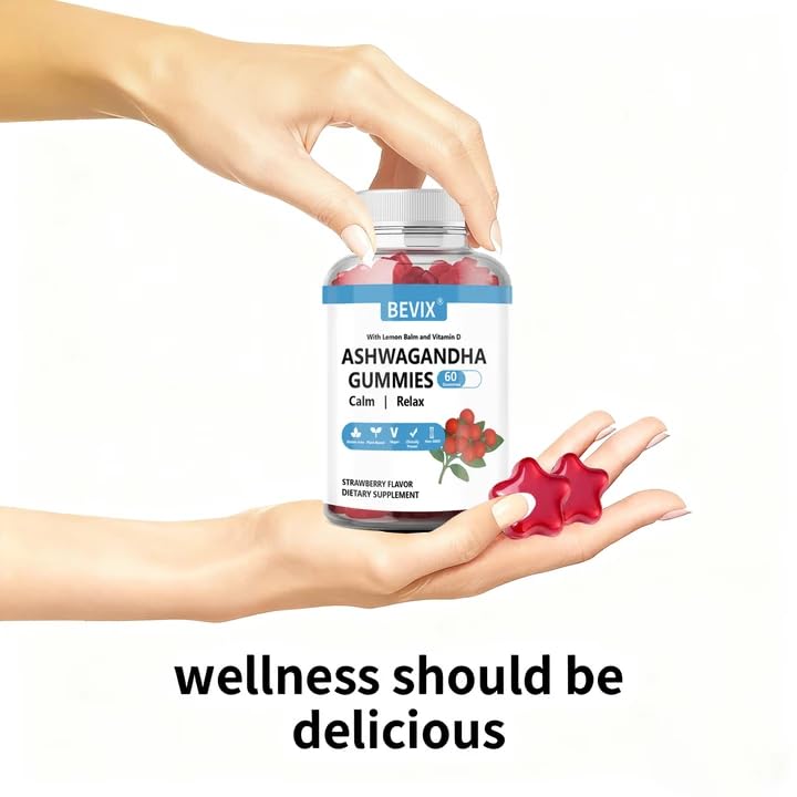 BEVIX Ashwagandha Gummies with Vitamin D Chewable 60 Count