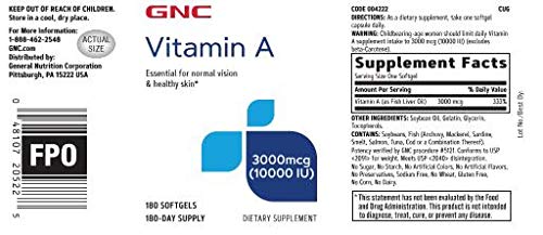 GNC Vitamin A 3000mcg Softgels, 180 Count