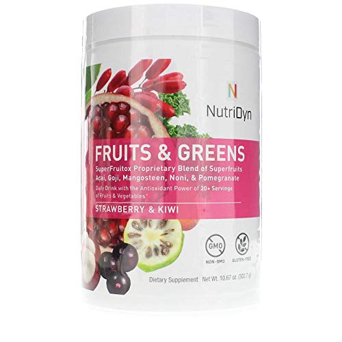 Nutri-Dyn Fruits & Greens Strawberry/Kiwi Flavor Certified Organic with Acai, Gogi, Mangosteen, Noni & Pomegranate Super Fruits Powder, 10.67 oz