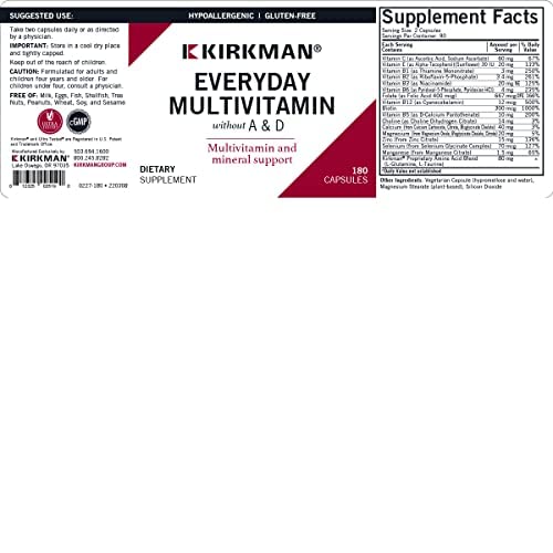 Kirkman Adult Multivitamin Without Vitamins A or D Capsules, 180 Count