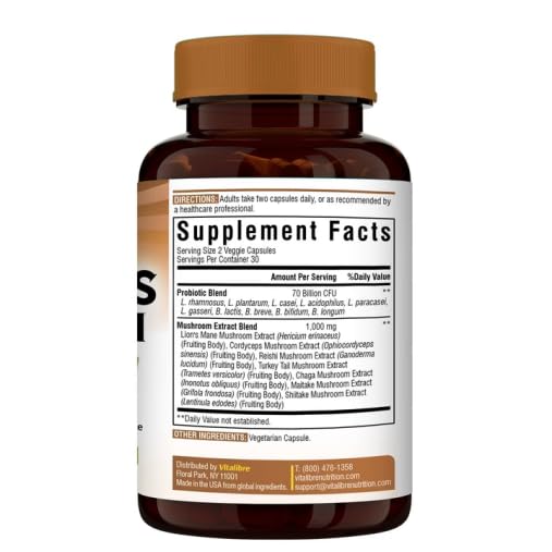 Vitalibre Probiotics+Mushroom with Lion's Mane, Reishi, Cordyceps, 10 Probiotic Strains, 1000mg Mushroom Extract Blend, for Digestive, Immune, Brain Health & Energy Production, 60 Capsules